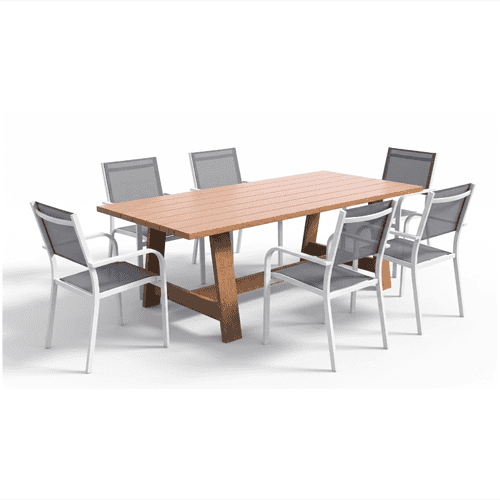 Ensemble table de jardin en bois 6 à 8 personnes 220 cm - Laguna + 6 chaises de jardin blanches en aluminium - Palawan