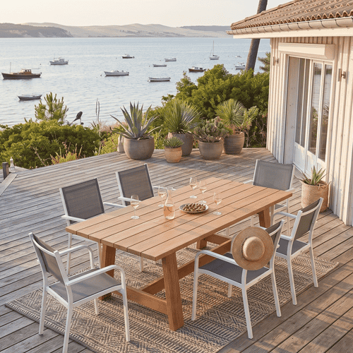 Ensemble table de jardin en bois 6 à 8 personnes 220 cm - Laguna + 6 chaises de jardin blanches en aluminium - Palawan