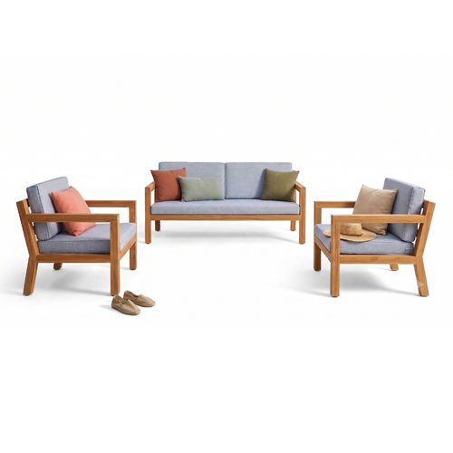 Salon de jardin 4 places en bois FSC - 1 canapé 2 places + 2 fauteuils - coussins gris chiné - Palau
