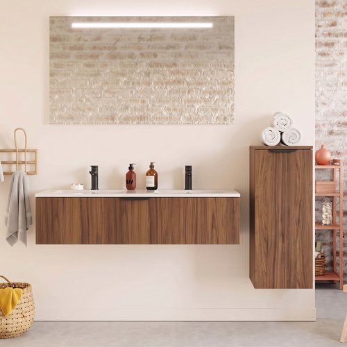 Meuble de salle de bain suspendu double vasque intégrée 120cm 1 tiroir Noyer - Venice