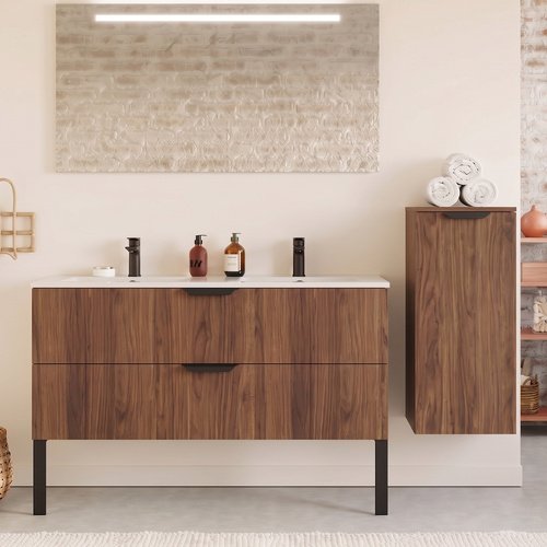 Meuble de salle de bain suspendu double vasque intégrée 120cm 2 tiroirs Noyer - Venice