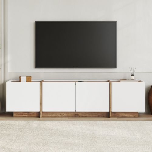 Meuble TV 4 portes effet pin et blanc 180 cm - Hanao