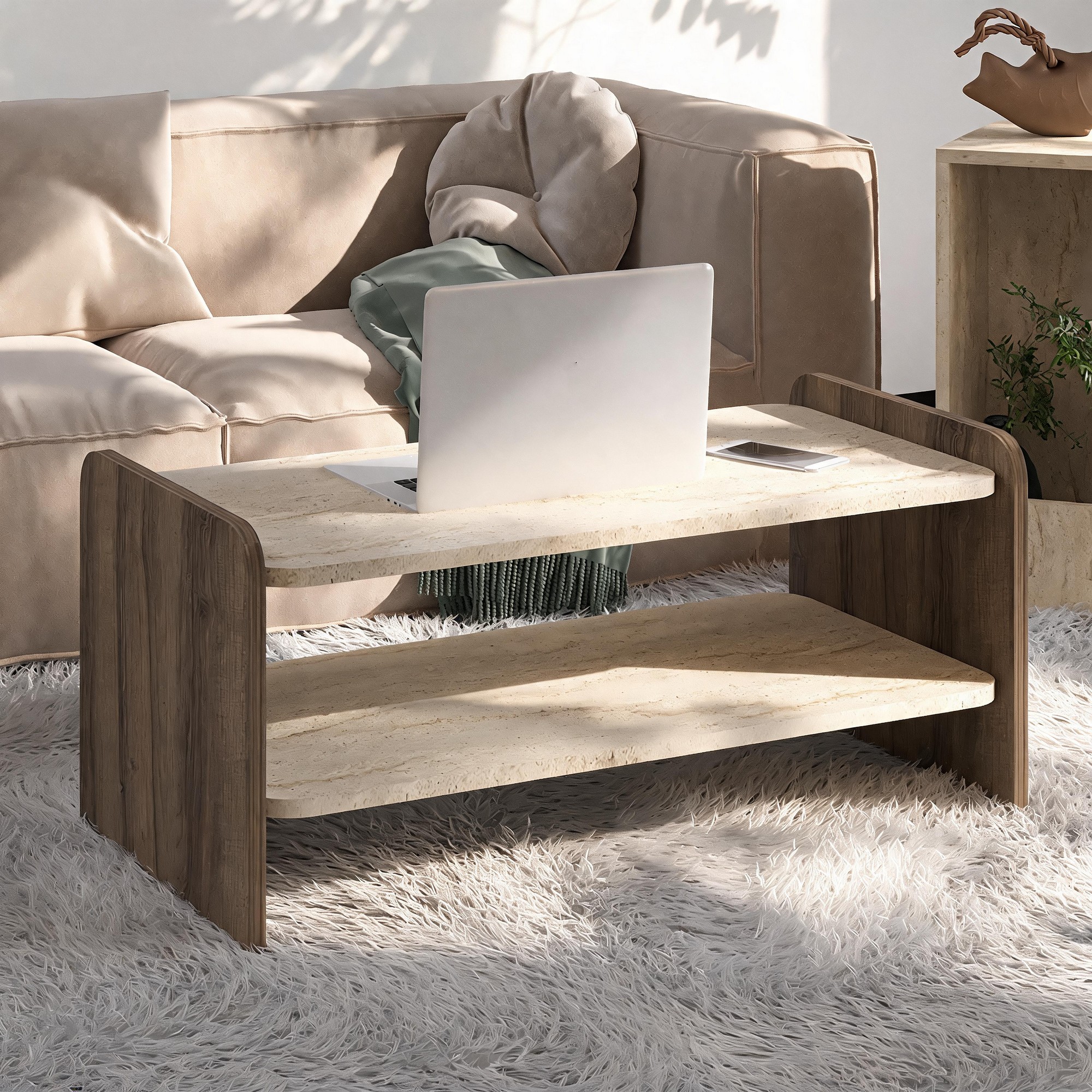 Table basse 1 niche effet travertin et noyer 89,8 cm - Cielo