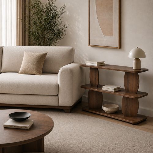 Table d'appoint 2 niches effet noyer 90 cm - Vero
