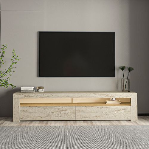 Meuble TV LED 2 portes 1 niche effet travertin 150 cm - Aveiro
