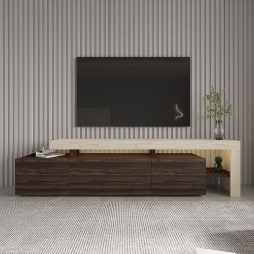 Meuble TV LED 3 portes 4 niches effet travertin et noyer 192 cm - Ilia