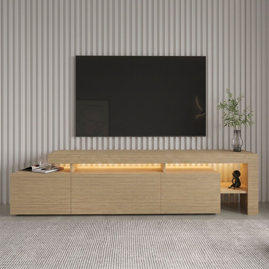 Meuble TV LED 3 portes 4 niches effet chêne 192 cm - Ilia