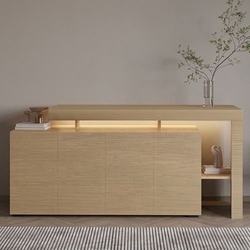 Buffet LED 4 portes 4 niches effet chêne 170 cm - Ilia
