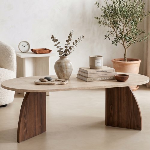 Table basse effet travertin et noyer 120 cm - Lumea