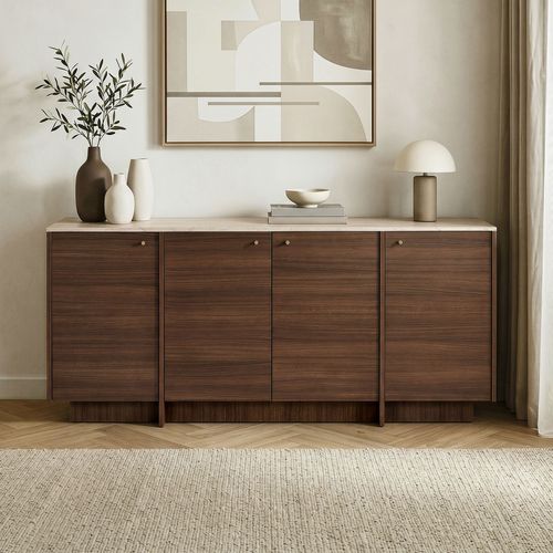 Buffet 4 portes effet travertin et noyer 180 cm - Lorio