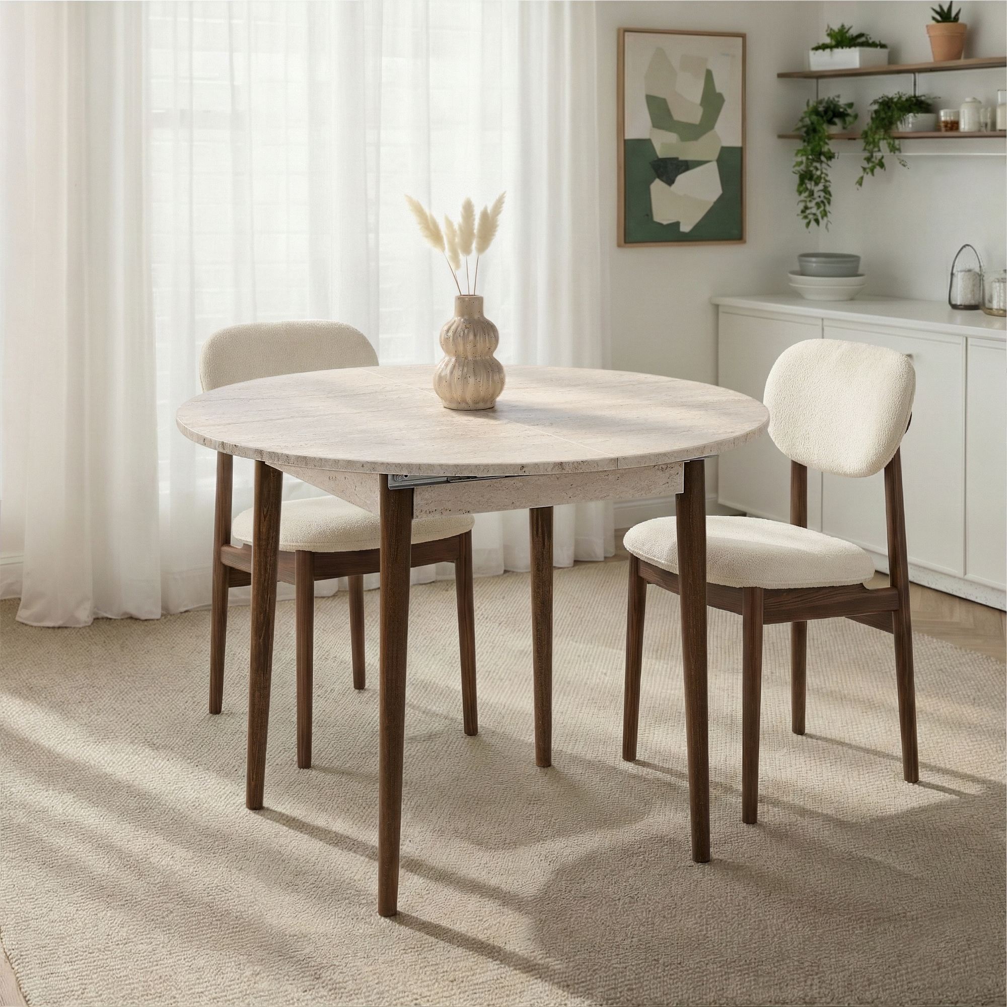 Table à manger extensible ronde effet travertin et noyer 4 convives 100/131 cm - Marea