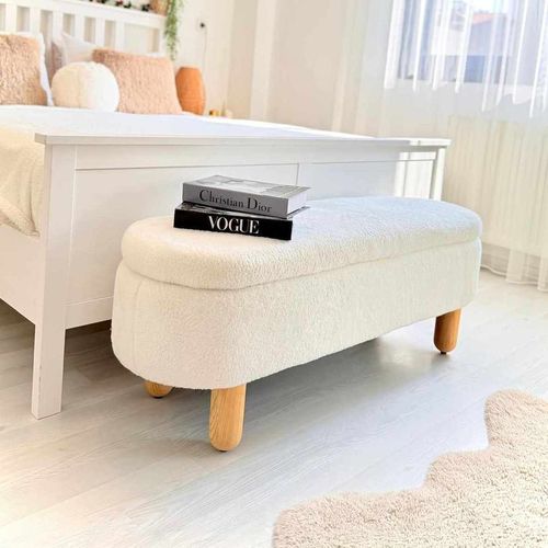 Banc coffre en tissu teddy blanc 120 cm - Solen