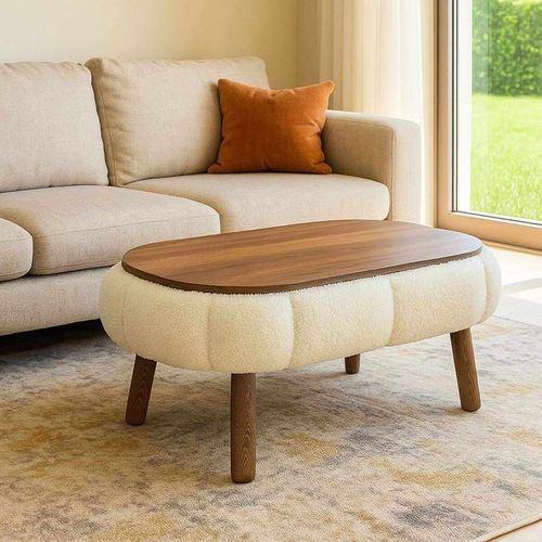 Table basse ovale en tissu teddy blanc 98 cm - Ronia