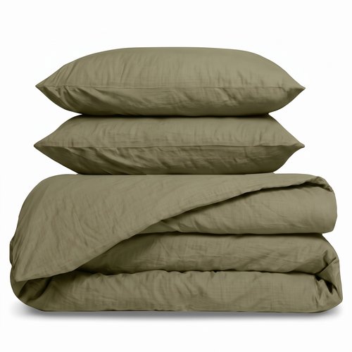 Pack 2 taies d'oreiller & Housse de couette en gaze de coton lavé kaki 260 x 240 cm - Mykonos