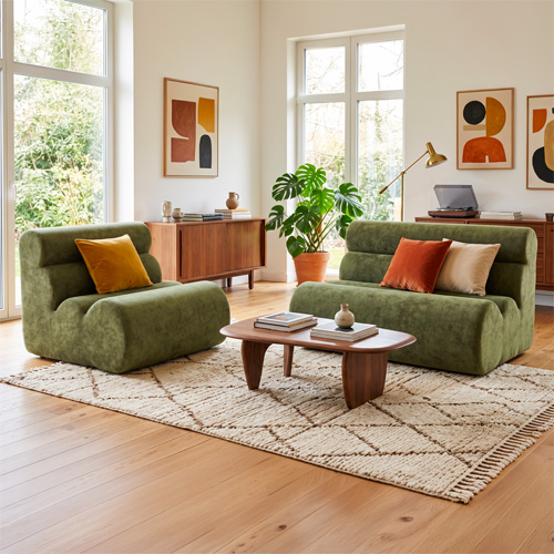 Ensemble chauffeuse + banquette modulables 3 places en tissu chenille vert kaki - Billie
