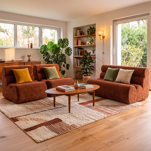 Ensemble chauffeuses + banquette modulables 4 places en tissu chenille rouille - Billie