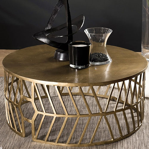 Table basse ronde 89cm en aluminium doré piètement graphique - Johan