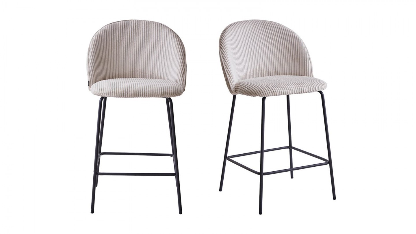 Lot de 2 tabourets de bar en velours côtelé beige, piètement noir - Alta