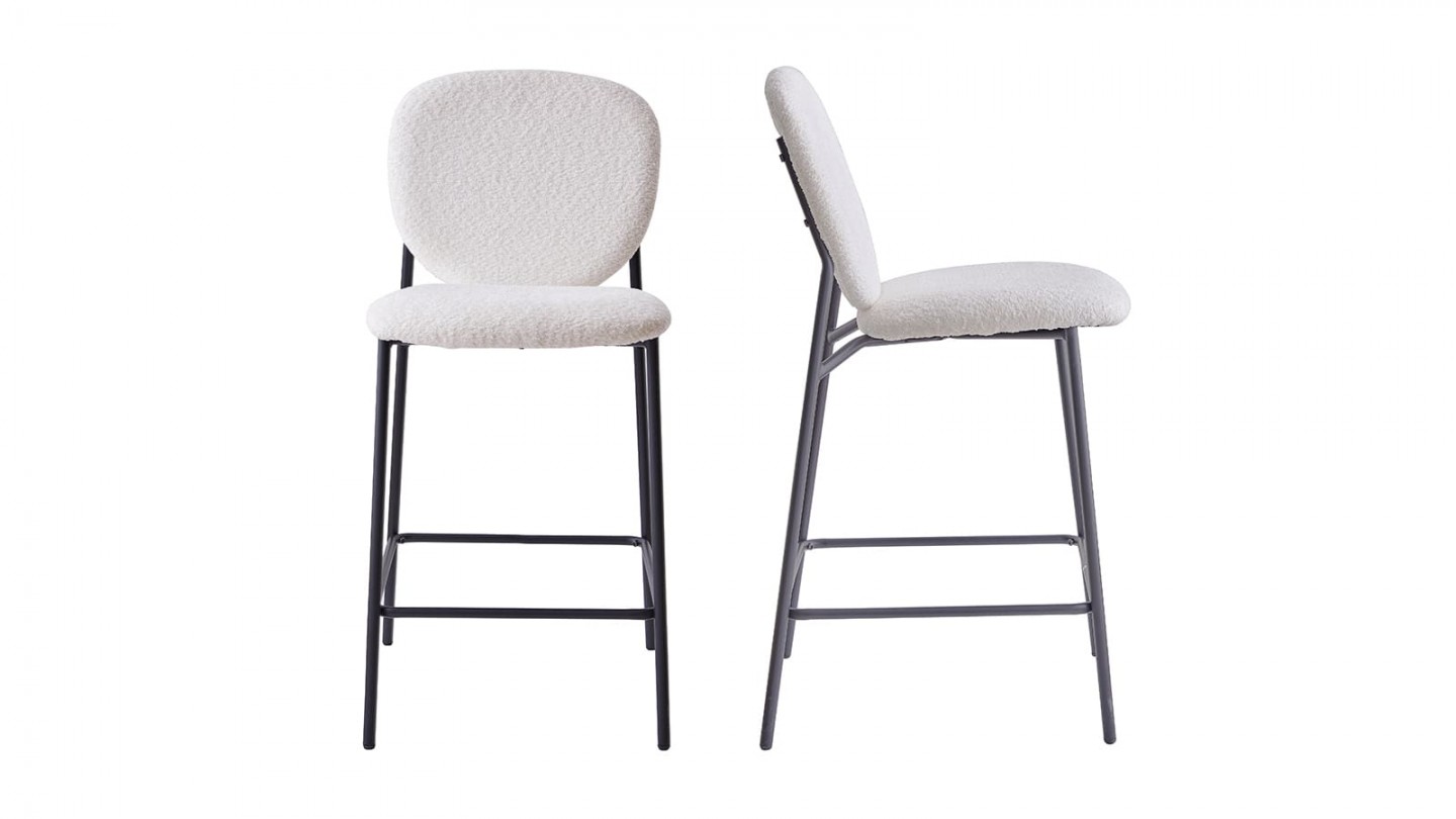 Lot de 2 tabourets de bar en tissu bouclé écru, piètement métal noir - Betty