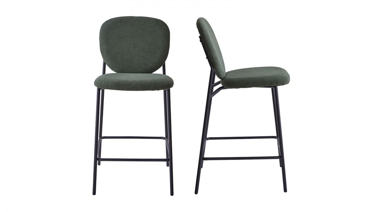 Lot de 2 tabourets de bar en velours côtelé vert, piètement métal noir - Betty