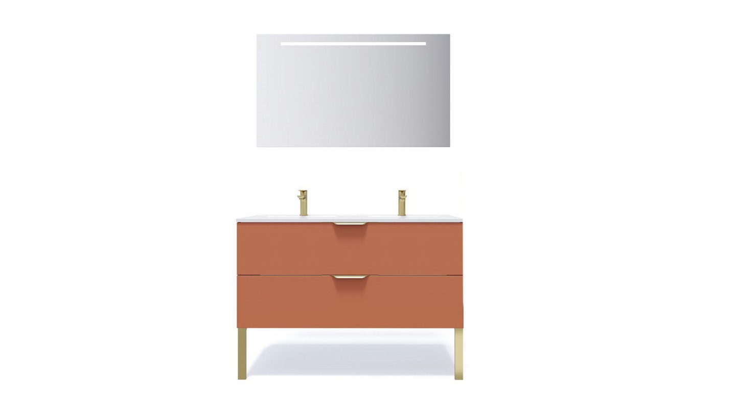 Meuble de salle de bain suspendu double vasque intégrée 120cm 2 tiroirs Terracotta + miroir - Swing