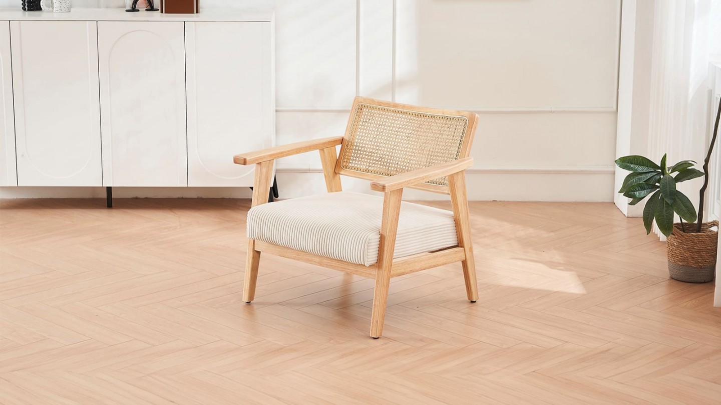 Fauteuil en velours côtelé beige et cannage naturel - Tim