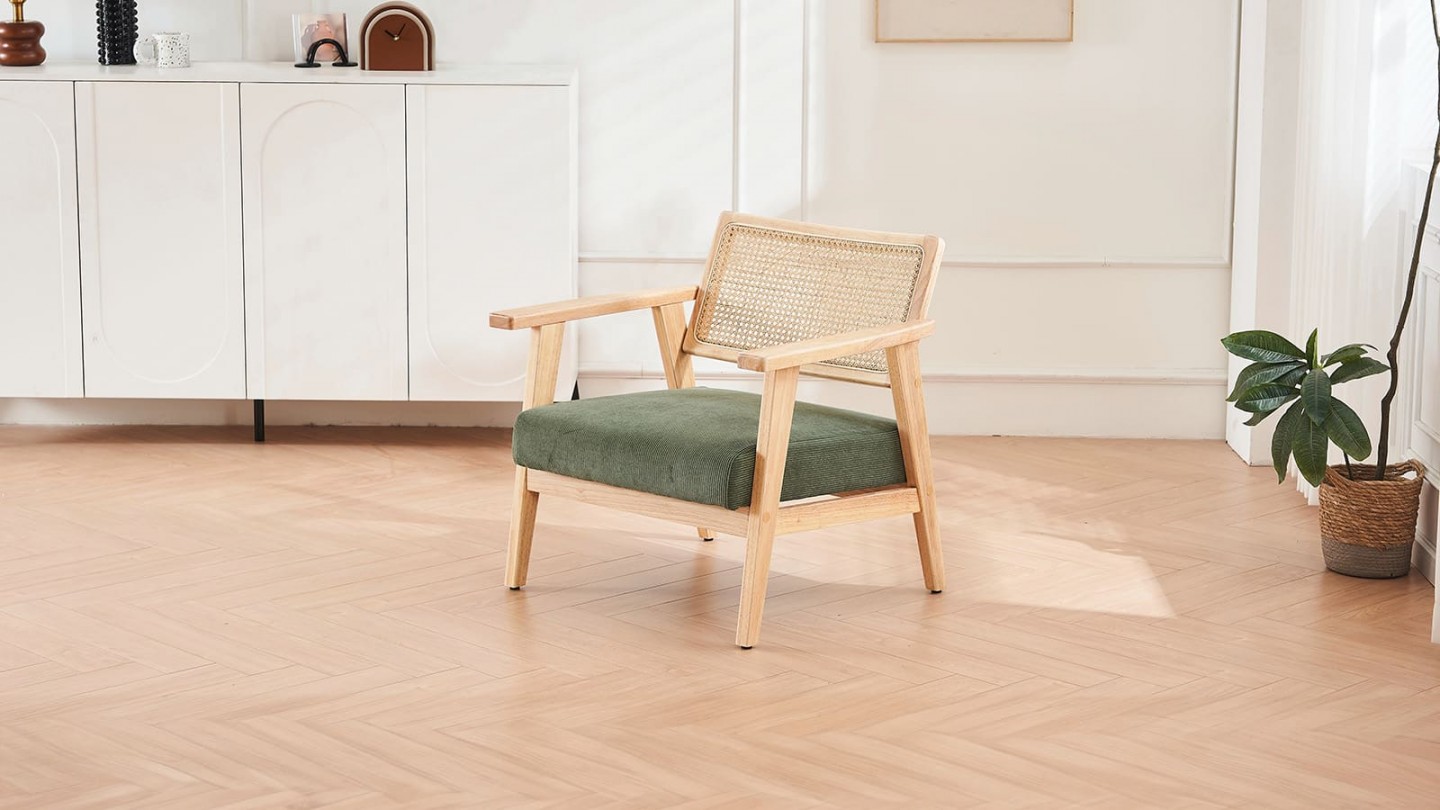 Fauteuil en velours côtelé vert et cannage naturel - Tim