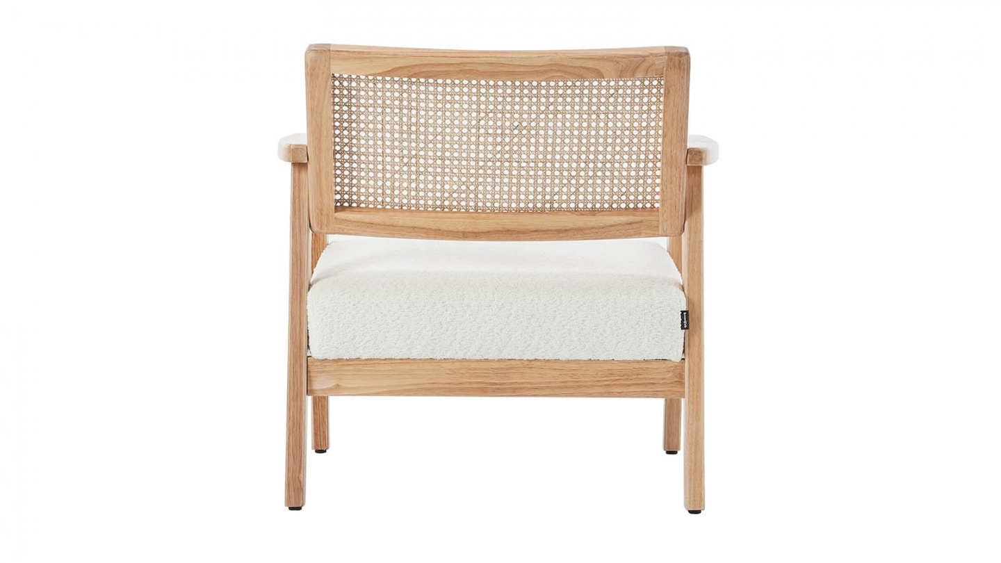 Fauteuil en tissu bouclé écru et cannage naturel - Tim Fauteuil en tissu bouclé écru et cannage naturel - Tim