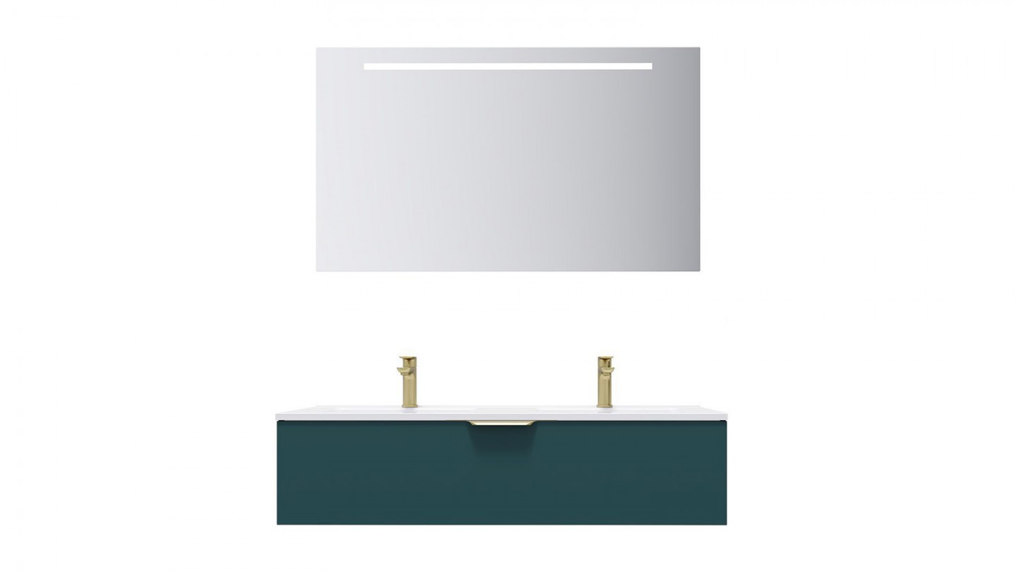 Meuble de salle de bain suspendu double vasque intégrée 120cm 1 tiroir Bleu + miroir - Swing