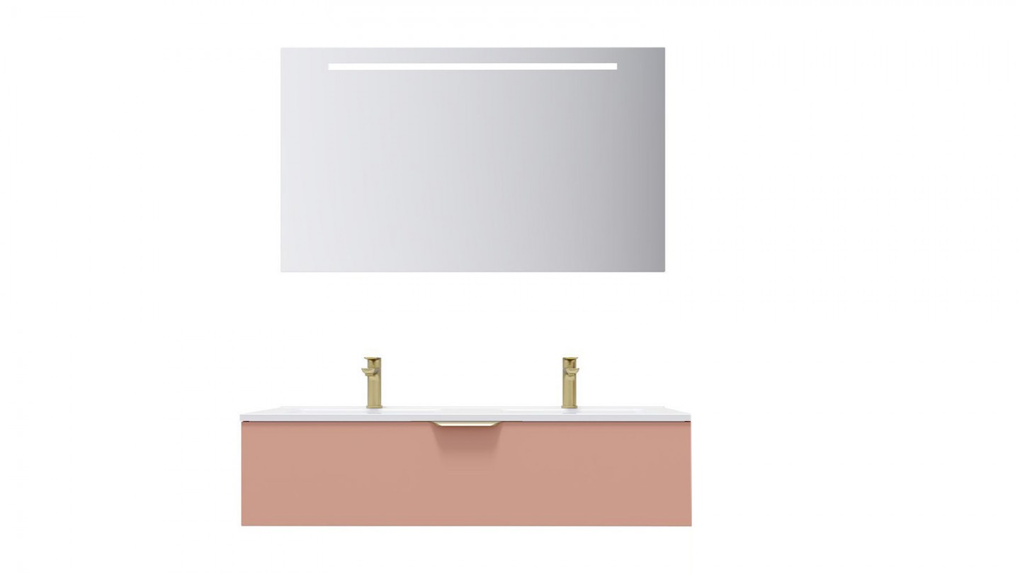 Meuble de salle de bain suspendu double vasque intégrée 120cm 1 tiroir Abricot + miroir - Swing