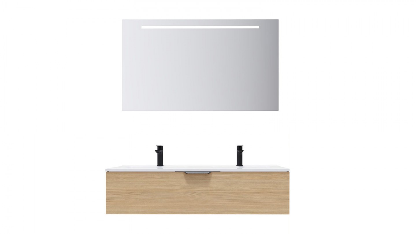 Meuble de salle de bain suspendu double vasque intégrée 120cm 1 tiroir Chêne clair + miroir - Swing