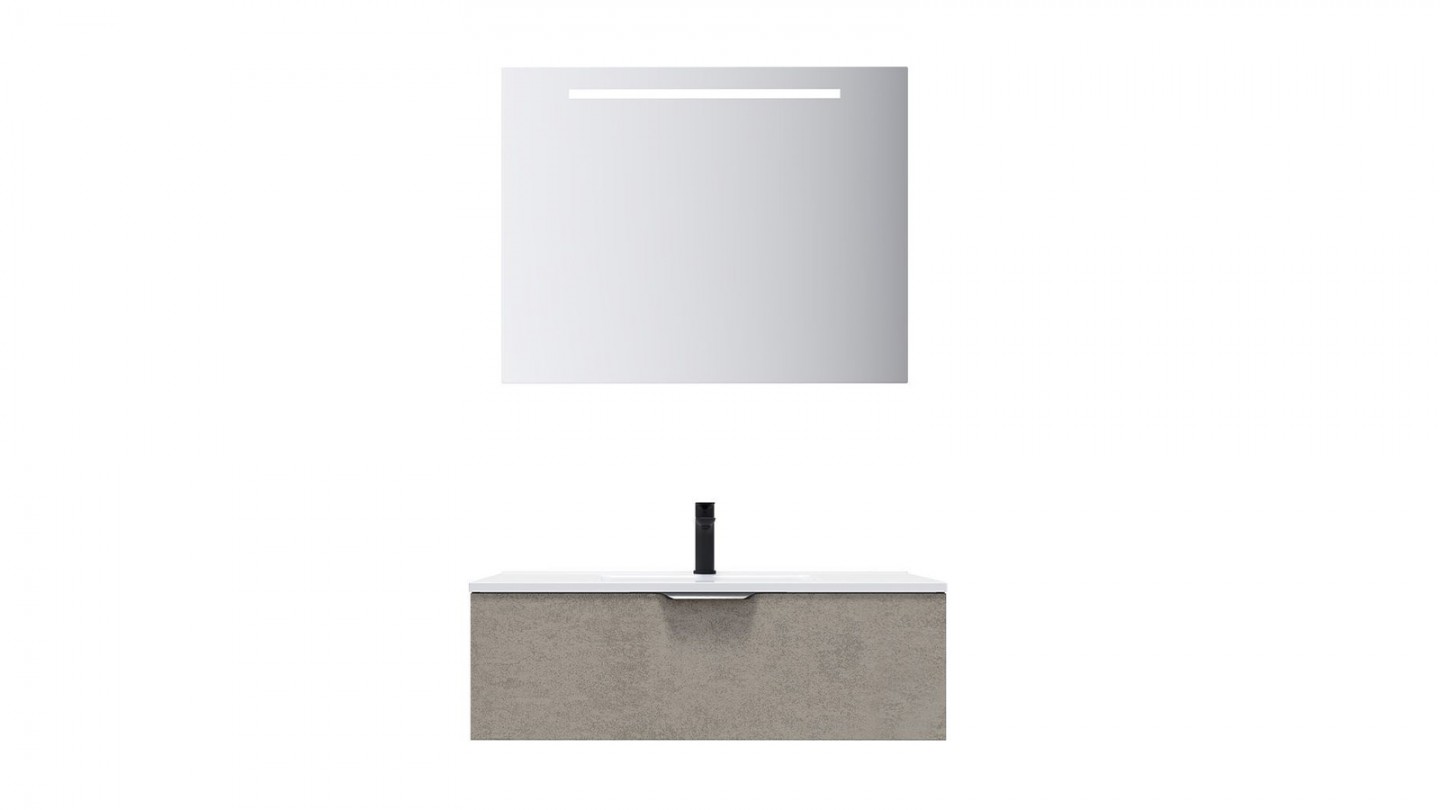 Meuble de salle de bain suspendu vasque intégrée 90cm 1 tiroir façon Béton + miroir - Swing
