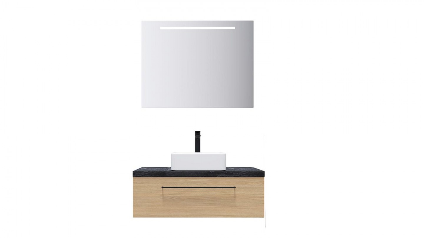 Meuble de salle de bain suspendu vasque à poser 90cm 1 tiroir Chêne clair + miroir - Osmose