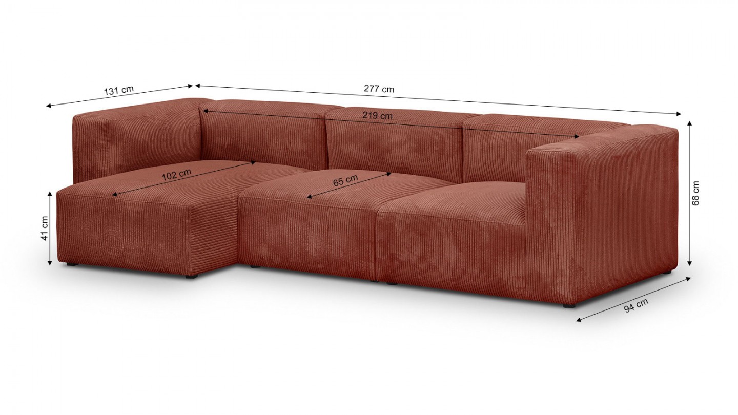 Canapé d'angle à gauche modulable avec méridienne 4 places en velours côtelé rouille - Modulo New Canapé d'angle à gauche modulable avec méridienne 4 places en velours côtelé rouille - Modulo New