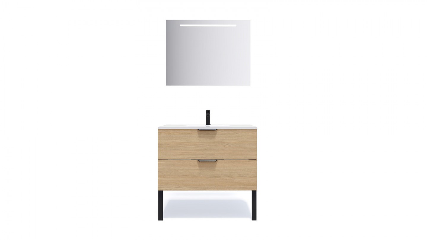 Meuble de salle de bain suspendu vasque intégrée 90cm 2 tiroirs Chêne clair + miroir - Swing