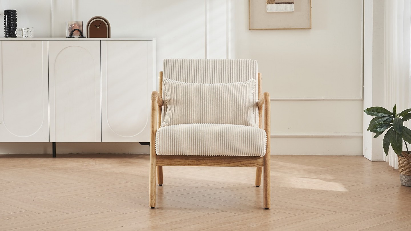 Fauteuil en bois et velours côtelé beige - Lanna