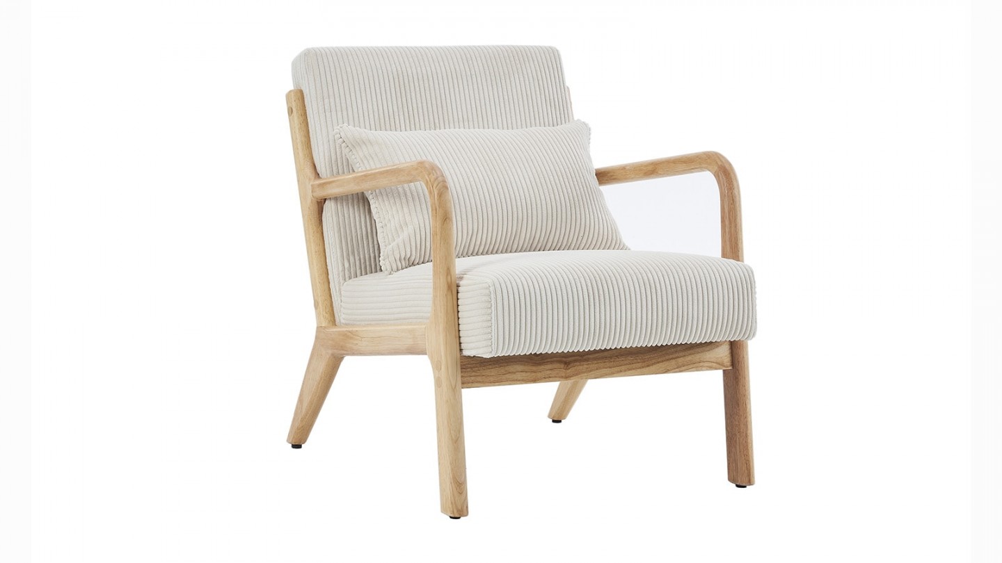 Fauteuil en bois et velours côtelé beige - Lanna