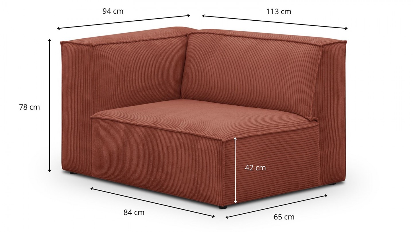 Chauffeuse d'angle à gauche modulable en velours côtelé rouille - Rezia
