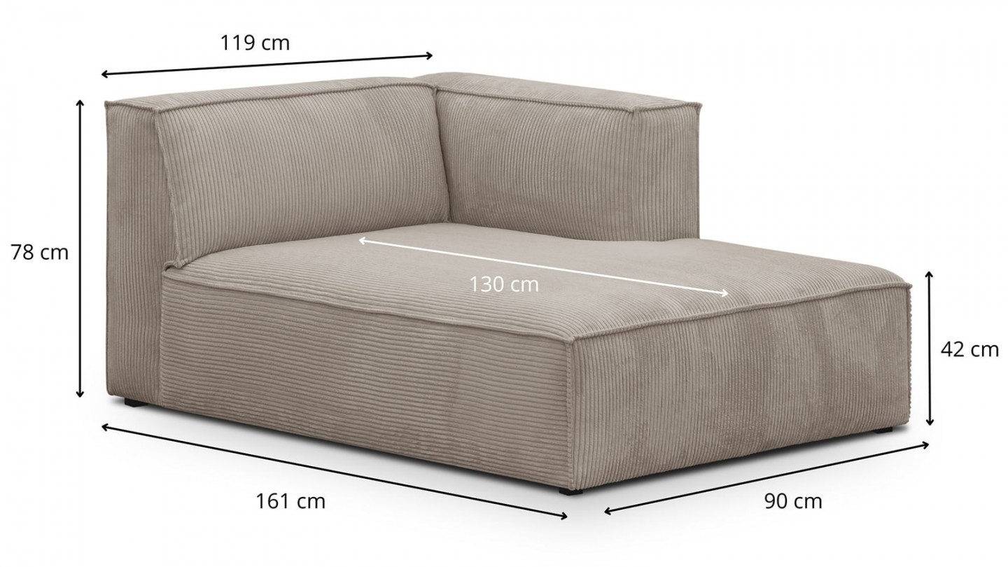 Méridienne d'angle à droite modulable en velours côtelé taupe - Rezia