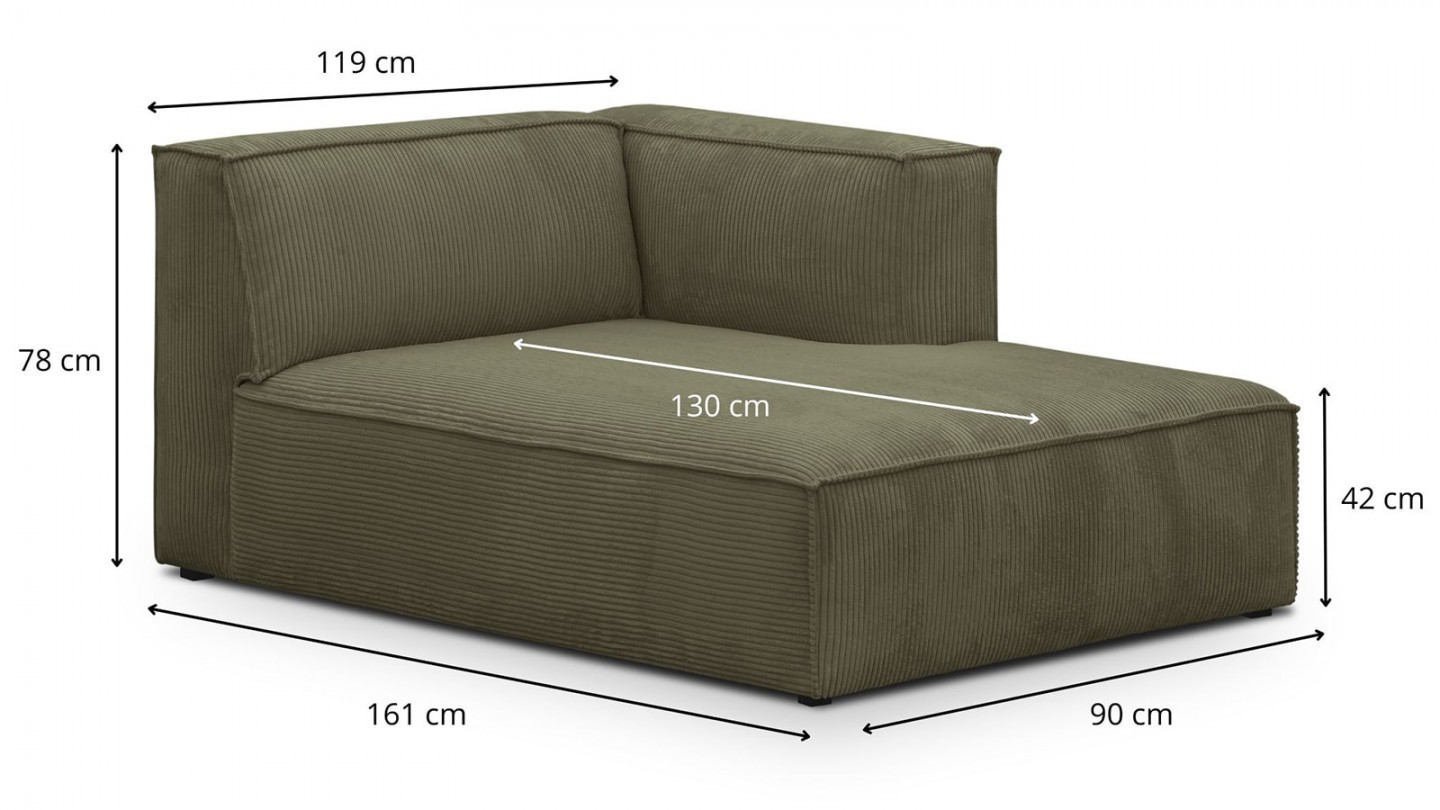 Méridienne d'angle à droite modulable en velours côtelé vert kaki - Rezia