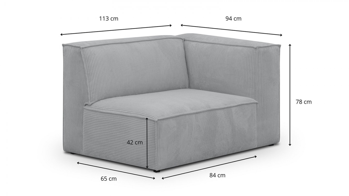 Chauffeuse d'angle à droite modulable en velours côtelé gris clair - Rezia