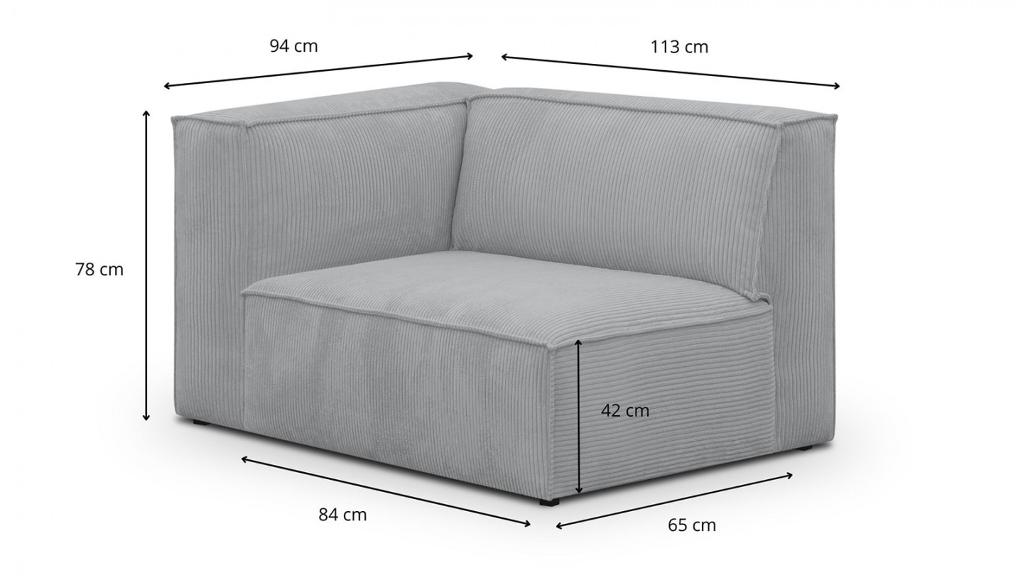 Chauffeuse d'angle à gauche modulable en velours côtelé gris clair - Rezia