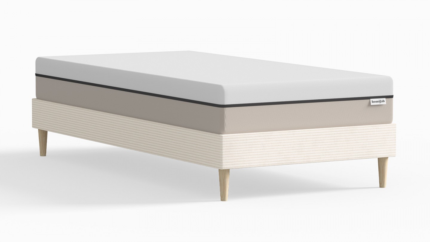 Ensemble lit adulte 90x190 cm en velours côtelé beige + Matelas Hybride à ressorts ensachés et mémoire de forme - Spring Elite