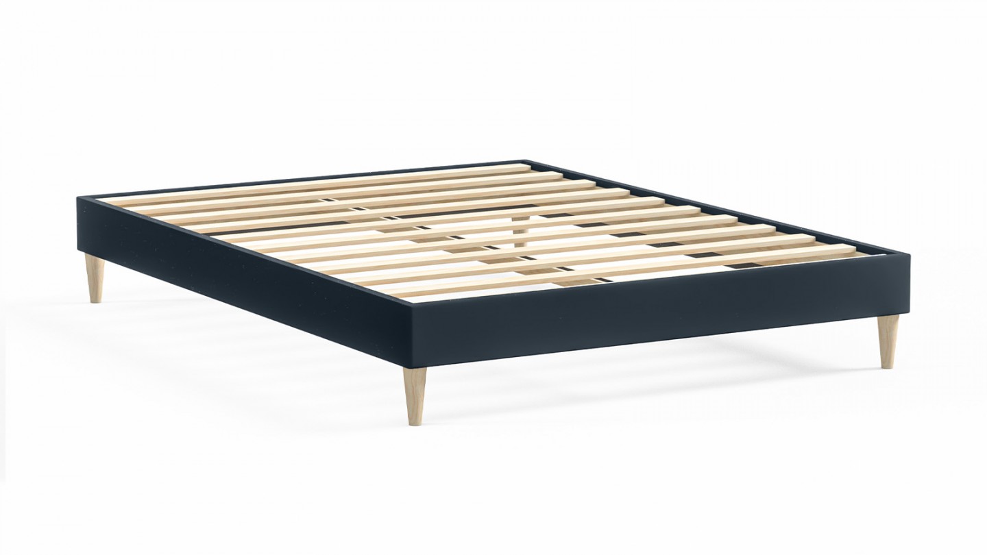 Ensemble lit adulte 160x200 cm en velours bleu nuit + Matelas Hybride à ressorts ensachés et mémoire de forme - Spring Elite