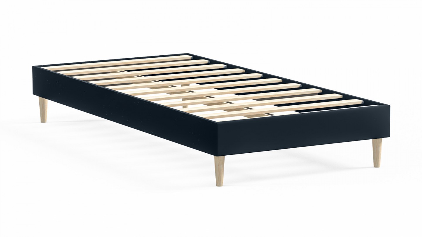 Ensemble lit adulte 90x190 cm en velours bleu nuit + Matelas Hybride à ressorts ensachés et mémoire de forme - Spring Elite