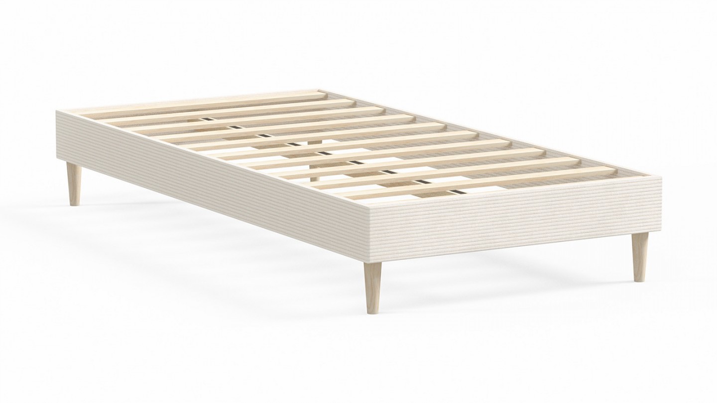 Ensemble lit adulte 90x190 cm en velours côtelé beige + Matelas mousse gel à mémoire de forme, double confort - Dual Confort