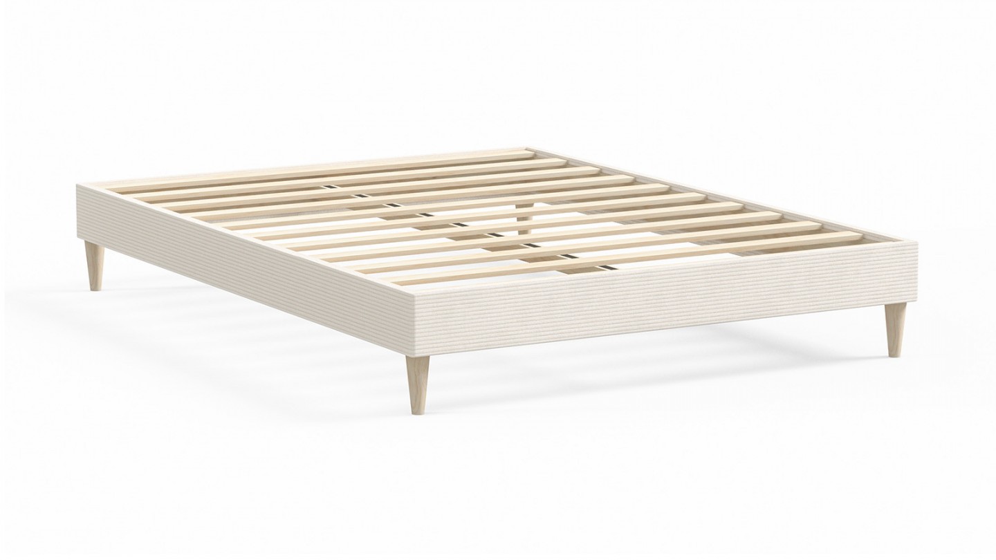 Ensemble lit adulte 160x200 cm en velours côtelé beige + Matelas Hybride à ressorts ensachés et mémoire de forme - Spring Elite