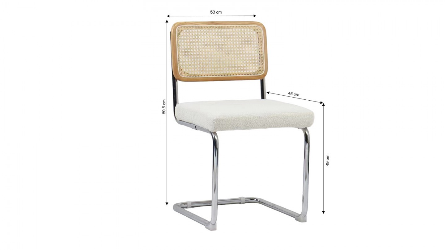 Lot de 2 chaises en rotin, tissu bouclé écru et métal chromé - Muse