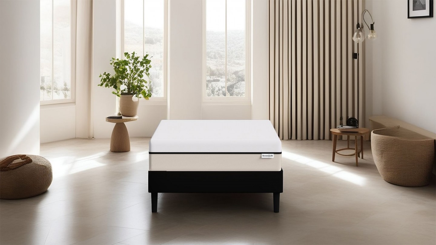 Ensemble sommier à lattes 90x190 cm en tissu noir + Matelas Hybride à ressorts ensachés et mémoire de forme - Spring Elite