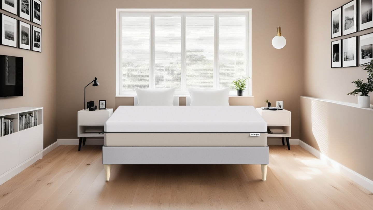 Ensemble lit adulte 140x190 cm en tissu gris clair + Matelas Hybride à ressorts ensachés et mémoire de forme - Spring Elite